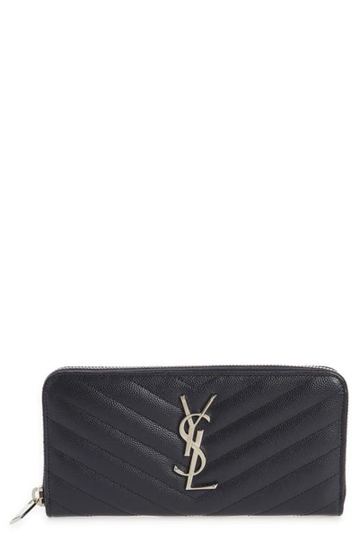 Shop Saint Laurent 'monogram' Zip Around Quilted Calfskin Leather Wallet In Deep Marine