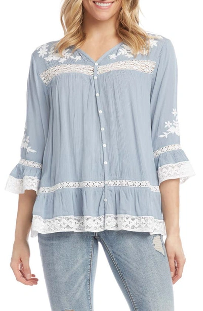 Shop Karen Kane Embroidered Lace Inset Bell Sleeve Top In Blue