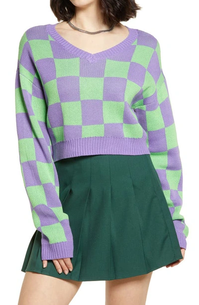 Bp. Checkerboard Crop Sweater In Green- Purple Checker | ModeSens