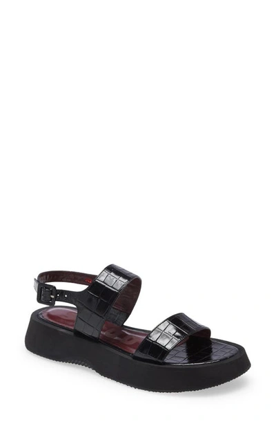 Shop Staud Nicky Croc Embossed Platform Sandal In Black Faux Croc