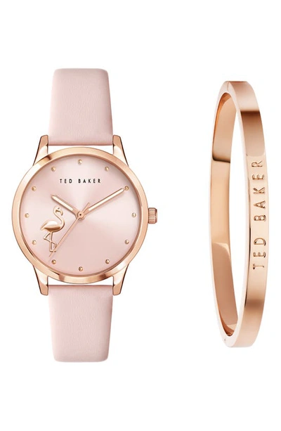 Shop Ted Baker Fitzrovia Flamingo Leather Strap Watch Set, 34mm In Rose Gold
