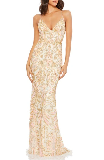 Shop Mac Duggal Beaded Strappy Back Gown In Champagne