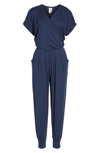 Shop Loveappella Short Sleeve Wrap Top Jumpsuit In Midnight Blue