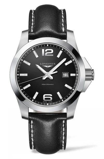 Shop Longines Conquest Classic Leather Strap Watch, 43mm In Black/ Silver