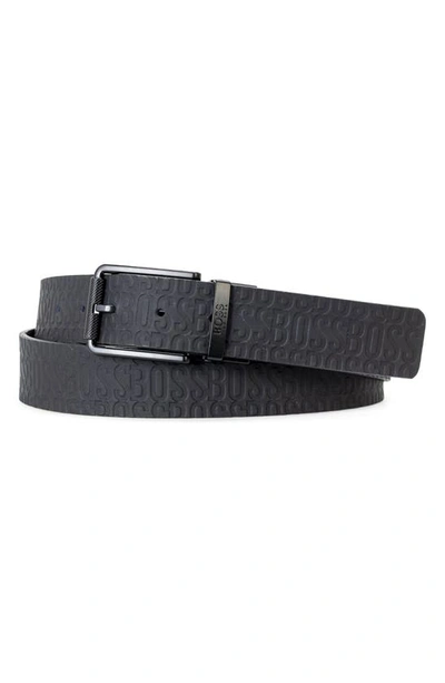 Shop Hugo Tintin Logo Textured Reversible Leather Belt In Black