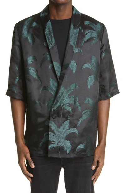 Shop Saint Laurent Palm Jacquard Satin Short Sleeve Double Breasted Shirt In Peacock Noir