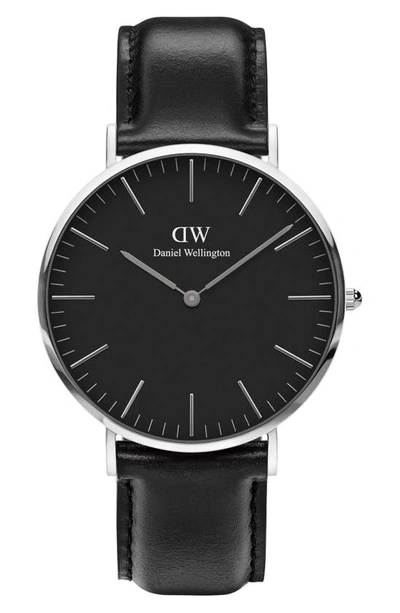 Shop Daniel Wellington Classic Sheffield Leather Strap Watch, 40mm In Silver/ Black