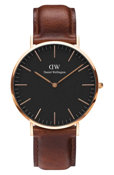 Shop Daniel Wellington Classic St. Mawes Leather Strap Watch, 40mm In Rose Gold/ Black