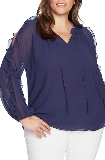 Shop 1.state 1. State Ruffle Cold-shoulder Georgette Top In Navy Sky