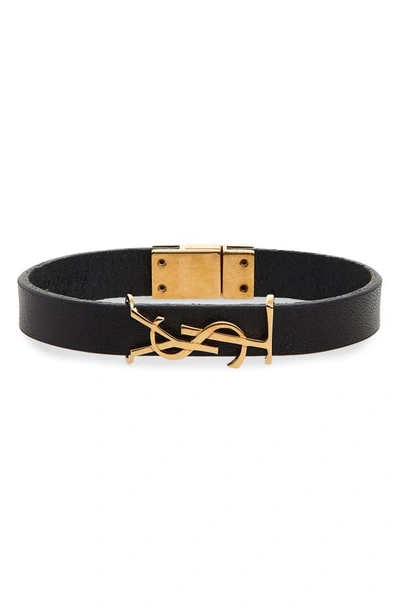 Shop Saint Laurent Opyum Ysl Leather Bracelet In Nero/ Gold