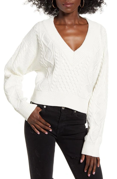 Shop Joa V-neck Cable Crop Sweater In Ivory