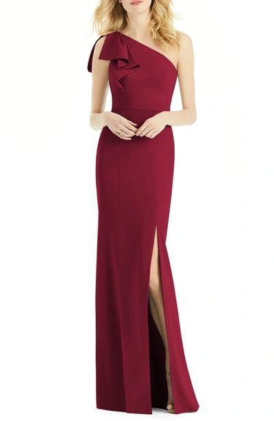 Shop After Six Bow One-shoulder Trumpet Gown In Burgundy