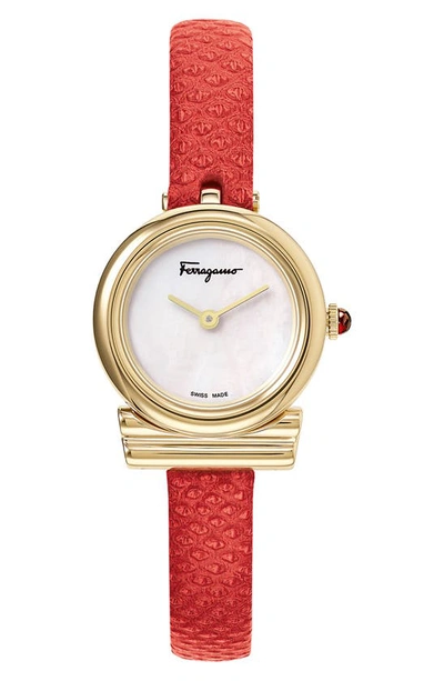 Shop Ferragamo Gancino Leather Strap Watch, 22mm In Red/ White Mop/ Gold