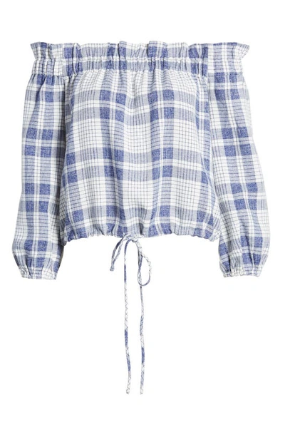 Shop Endless Rose Off The Shoulder Plaid Top In Navy Plaid
