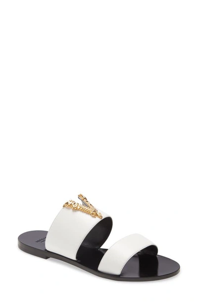 Shop Versace V-hardware Slide Sandal In K0aoh Optical White-warm Gold