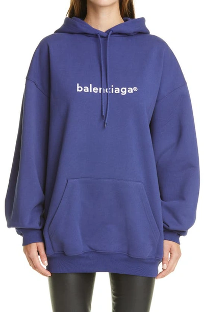 Shop Balenciaga Copyright Logo Cotton Hoodie In 1195-pacific Blue/ White