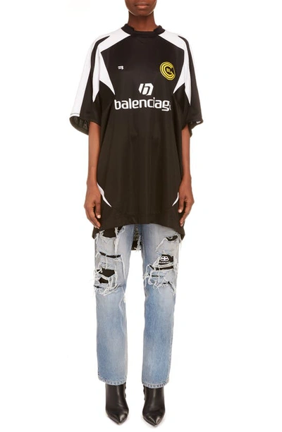 Shop Balenciaga Soccer Logo Mesh Graphic Tee In Black/ White