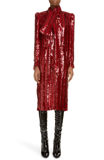 Shop Saint Laurent Tie Neck Long Sleeve Sequin Midi Dress In Rouge Royal