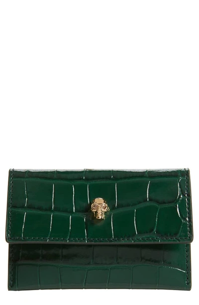 Shop Alexander Mcqueen Croc Embossed Leather Card Holder In Emerald