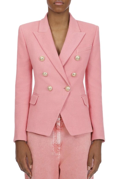 Shop Balmain Double Breasted Cotton Pique Jacket In Rose Moyen
