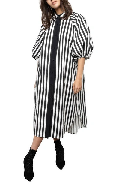 Shop Absence Of Colour Gillain Balloon Sleeve Shirtdress In Pin Stripe With Black Piping