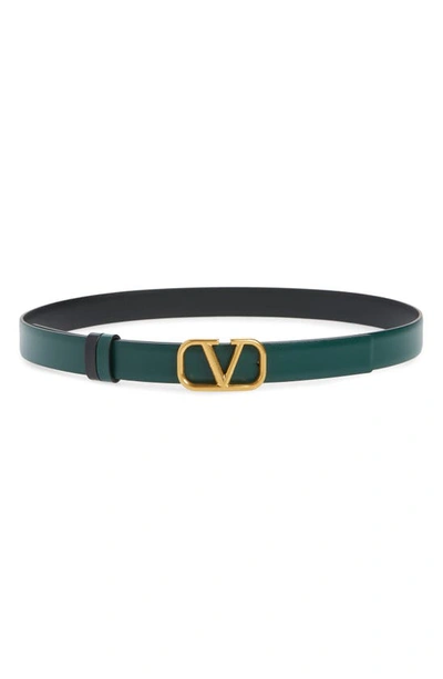 Shop Valentino Vlogo Buckle Reversible Leather Belt In English Green-nero