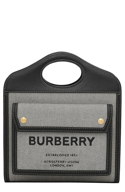 Shop Burberry Mini Horseferry Logo Canvas & Leather Pocket Bag In Black/ Tan