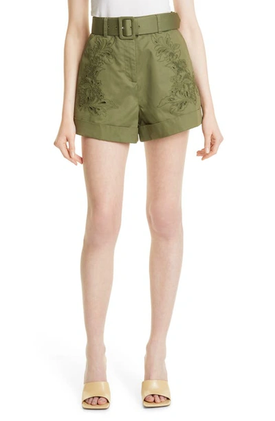 Shop Self-portrait Embroidered Belted Shorts In Khaki