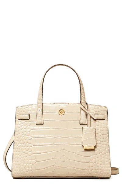 Shop Tory Burch Small Walker Leather Embossed Satchel In Jamaica Sand