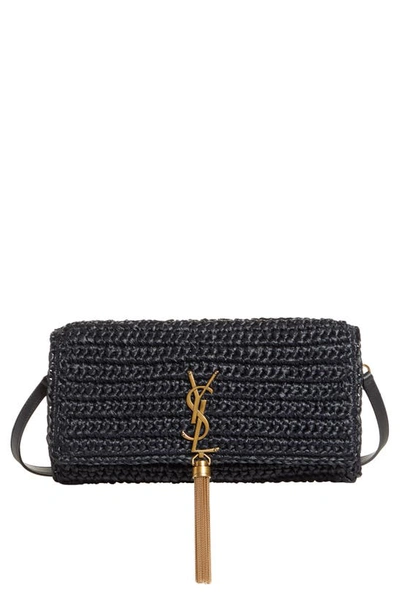 Shop Saint Laurent Kate Crocheted Raffia Shoulder Bag In 1000 Nero