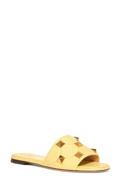 Shop Valentino Roman Stud Matelassé Slide Sandal In Yellow