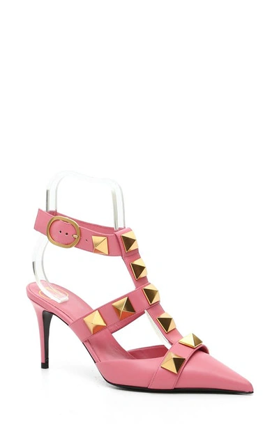 Shop Valentino Roman Stud Ankle Strap Pump In Flamingo Pink