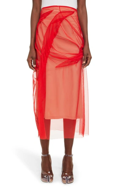 Shop Maison Margiela Ruched Tulle Overlay Skirt In Red