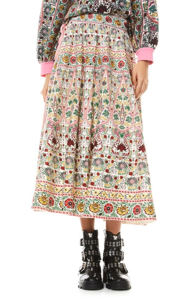 Shop Alice And Olivia Earla Embroidered Trim Flare Linen Blend Midi Skirt In Flower Pot Ecru Multi