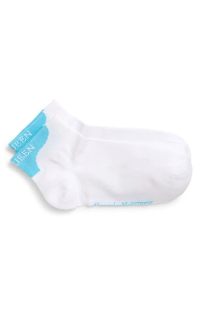 Shop Alexander Mcqueen Logo Heel Tab Ankle Socks In White/ Sky Blue 9069