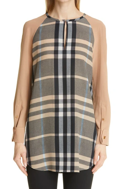 Shop Burberry Tamika Check Print Silk Blouse In Dusty Sand Check