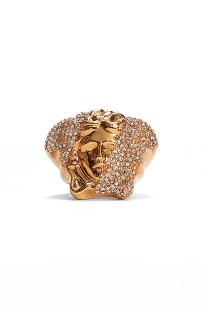 Shop Versace Palazzo Dia Pave Medusa Head Ring In Gold/ Silver