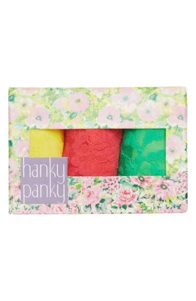 Shop Hanky Panky Assorted 3-pack Lace Original Rise Thongs In Yellow/coral/green