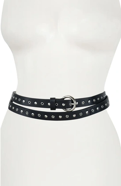 Shop Rebecca Minkoff Stud Double Wrap Leather Belt In Black / Polished Nickle