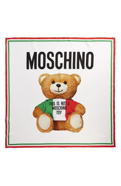 Shop Moschino Logo Bear Square Silk Scarf In White