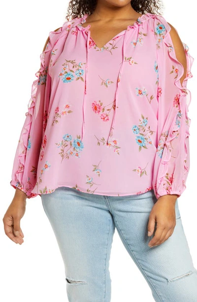 Shop 1.state 1. State Ruffle Cold-shoulder Georgette Top In Prospect Blooms