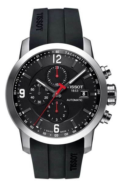 Shop Tissot Prc200 Automatic Chronograph Silicone Strap Watch, 43mm In Black/ Silver
