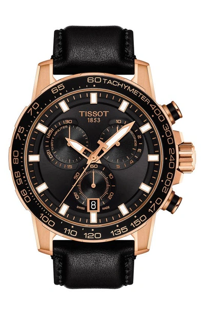 Shop Tissot Supersport Chronograph Leather Strap Watch, 45.5mm In Black/ Rose Gold