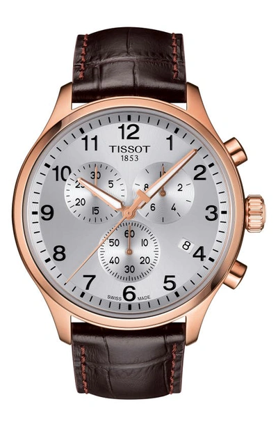 Shop Tissot Chrono Xl Collection Chronograph Leather Strap Watch, 45mm In Brown/ Silver/ Rose Gold
