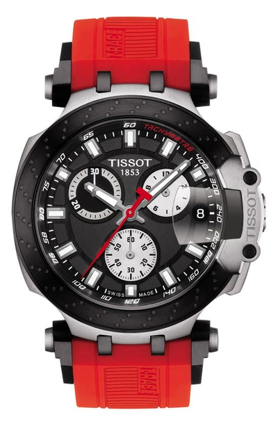 Shop Tissot T-race Chronograph Silicone Strap Watch, 48mm In Red/ Black/ Silver