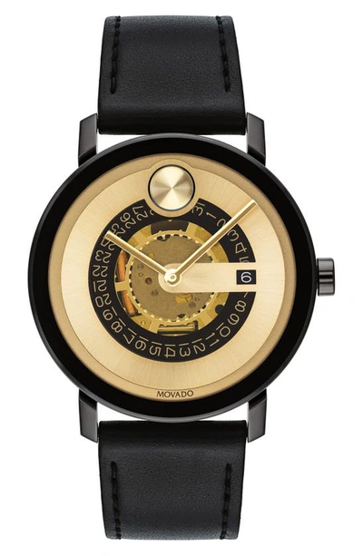 Shop Movado Bold Evolution Leather Strap Watch, 40mm In Black/ Gold/ Black
