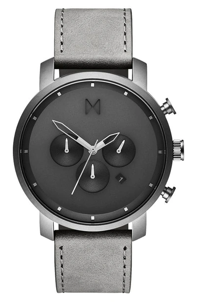 Shop Mvmt The Chrono Chronograph Leather Strap Watch, 45mm In Grey/ Black/ Silver