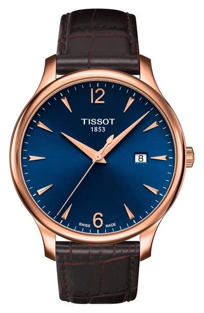 Shop Tissot Tradition Leather Strap Watch, 42mm In Brown/ Blue/ Rose Gold