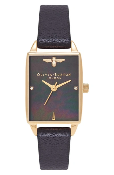 Shop Olivia Burton Beehive Leather Strap Watch, 20mm In Black/ Mop/ Gold