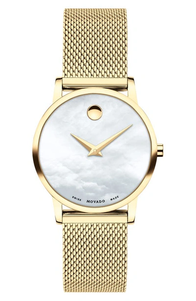 Shop Movado Museum Mesh Strap Watch, 28mm In Gold/ White Mop/ Gold